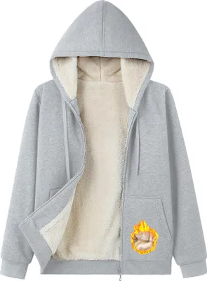 Produktbild von ASKSA Damen Sweatjacke Gefuettert Warme Winter Zipper Jacke Fleecejacke Winterjacke Hoodie mit Kapuze (Hellgrau,S)