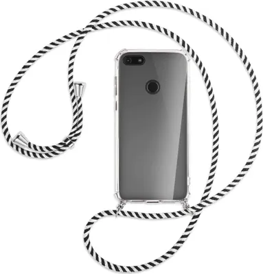 Produktbild von Handykette Backcover-Schutzhülle mit Band (Metall silberfarben) für Motorola Moto E6 Play - schwarz/weiß gestreift
