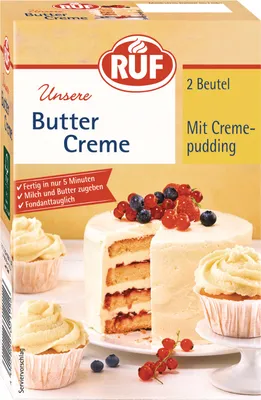 A product box for RUF Butter Creme, showing a decorated cake and cupcakes.