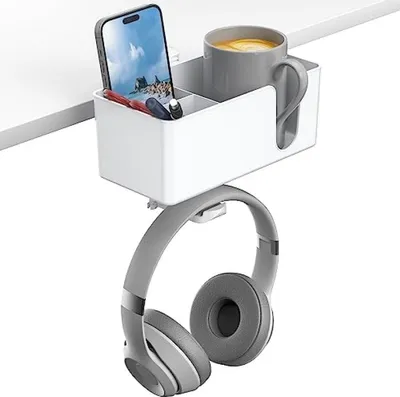 Produktbild von PolkaHome® 4-in-1 Bekerhouder & Kopfhörerständer – 360° drehbar, abnehmbar, für Schreibtisch, Gaming-Headset, Getränkehalter, Handy- und