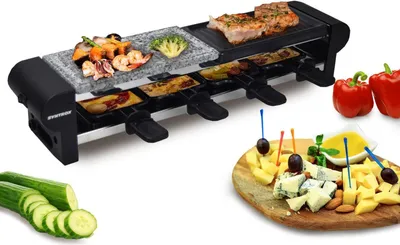 A raclette grill with food and cheese platter.
