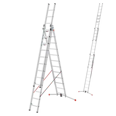 Produktbild von Hailo S120 Pro Mehrzweckleiter - 3-teilige, klappbare Aluminium-Leiter - als Schiebe-, Bock- und Anlegeleiter nutzbar - Höhe bis 7,85 m - Gewicht: 34 kg