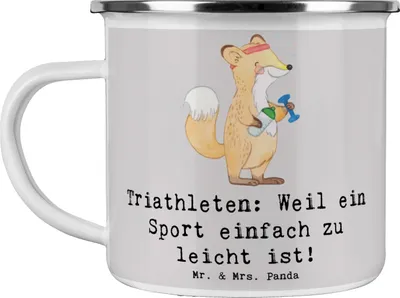 Produktbild von Mr. & Mrs. Panda Pott Triathlon Helden - Grau Pastell - Geschenk, Emaille Becher, Herausforderung, Durchhaltevermögen, Teamsport, Sportler Geschenke, Campingtasse, Tasse