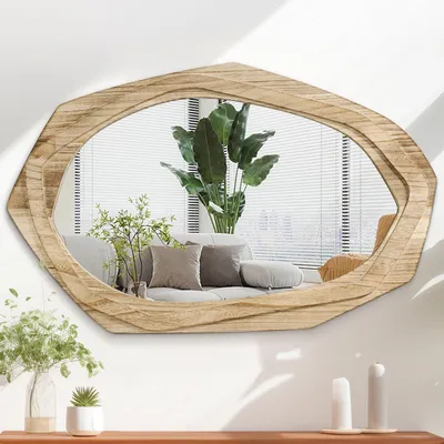 Immagine prodotto di Specchio da parete con cornice in legno irregolare, 70 x 45 cm, design asimmetrico, stile rustico, specchio da appendere, aspetto naturale