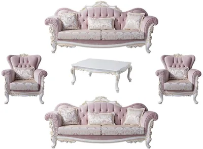Produktbild von Casa Padrino Luxus Barock Wohnzimmer Set Rosa / Silber / Weiß / Gold - 2 Sofas & 2 Sessel & 1 Couchtisch - Edle Wohnzimmer Möbel im Barockstil