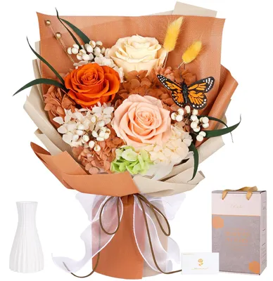 Ewige Rosen mit Schmetterling, 3 konservierte Rosen, Vase, 26x36 cm