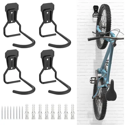 Obrázok produktu pre Držiak na bicykel, tvar L, čierna farba, 4 kusy, úsporný dizajn, vertikálne háčiky s EVA gumou, nosnosť do 35 kg