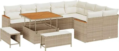 Image de Ensemble de canapés de jardin vidaXL, 12 pièces, couleur beige, en polyrotin, capacité de 9 personnes