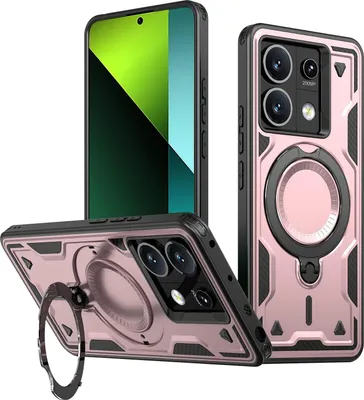 Produktbild von Dual Layer Hülle für Xiaomi Redmi Note 13 5G Metall Ring Ständer Magnetisch Stoßfest Militär Handyhülle Roségold