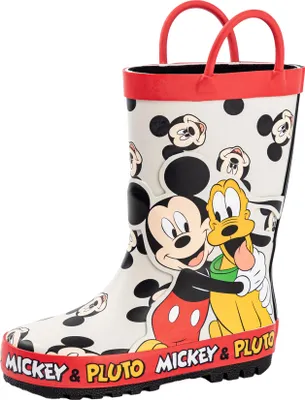 A single Disney-themed rain boot featuring Mickey Mouse and Pluto.