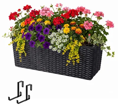 Produktbild von Relaxdays Balkonkasten, Selbstbewässerung, HBT: 19x50x19 cm, Geländerkasten mit Halter, Einsatz & Anzeige, PP, schwarz
