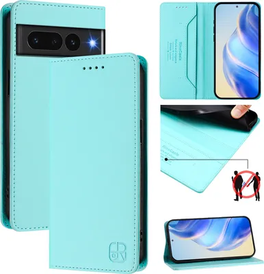 Produktbild von Lederhülle für Google Pixel 7 Pro Hülle Flip Brieftasche Kartenfächern Ständer Schutzhülle Türkis