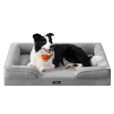 Produktbild von FEANDREA Orthopädisches Hundebett XL, abnehmbarer Bezug, erhöhte Ränder, rutschfest, waschbar, Haustierbett, hellgrau