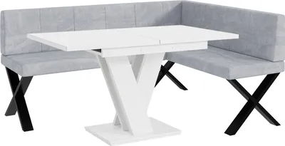 Produktbild von MEBLINI Eckbank für Esszimmer mit ausziehbarem Tisch  - Küchenbank - Essecke - Sitzecke Küche - PETER - X-Beine 128x168x87cm Rechts - Hellgrau Samt/M Weiß Matt