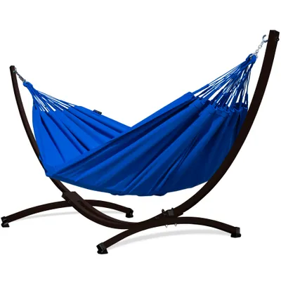 Produktbild von Potenza Outdoor Merida Hängematte mit Gestell für 2 Personen I Baumwolle Doppelhängematte XXL 220x160, 220kg I Braun Hängemattengestell 220kg, wetterfest