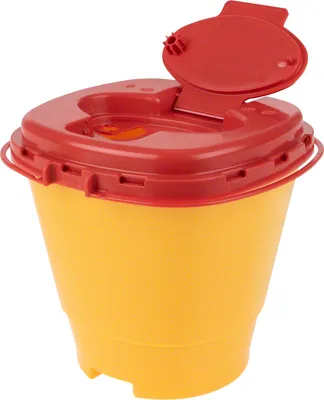 A yellow sharps container with a red lid, shown against a white background.