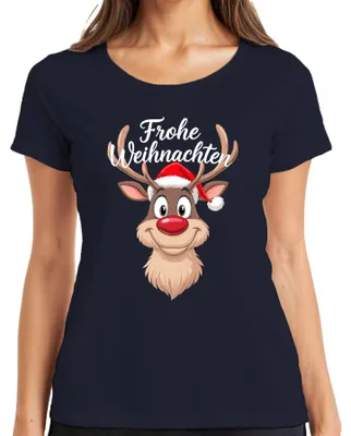 Zdjęcie produktu dla Merry Christmas Reindeer Rudolf Christmas Hat Funny Cartoon Ladies T-Shirt, Granatowy, 3XL