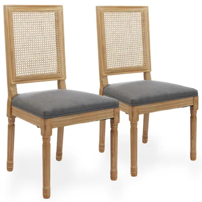 Produktbild von 2er-Set Leinen-Esszimmerstühle mit Rattanlehne und Kautschukholzgestell, Grau