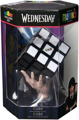 A Rubik's Cube themed around the show Wednesday, presented in its retail packaging.