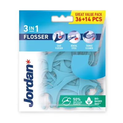 Image de Jordan Flosser Cure-dents avec fil dentaire et gratte-langue, 50 pièces
