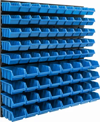 A wall-mounted storage system filled with blue bins.
