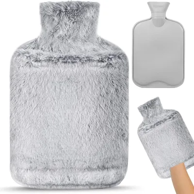Produktbild von Wärmflasche mit Bezug, 2L Wärmflasche Groß, Auslaufsicher Flauschig Wärmeflasche mit Känguru Kuschelweichem Fellbezug für Erwachsene & Kinder, Geschenke für Frauen, Schmerzlinderung(Grau)