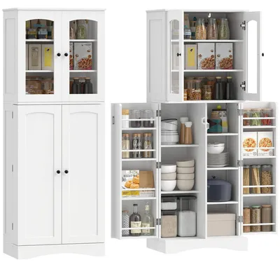 Image de Armoire de cuisine et de rangement - Armoire haute - 4 portes - 10 étagères - 4 étagères réglables - Bois - Blanc