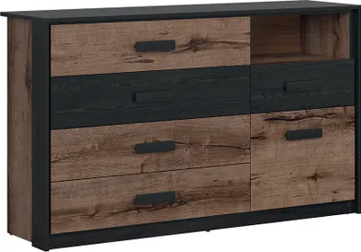 Produktbild von Kommode Romane mit 5 Schubladen und 1 Tür, Holzoptik und Schwarz, 150cm