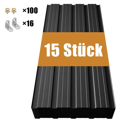 Produktbild von GIHAUVIA 15xTrapezblech 108x42.6 cm Dachblech 6m² inkl Schrauben Wandblech verzinkt Profilblech wetterfest für Carport Gartenhaus Schwarz
