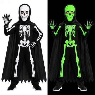Skelettkostüm für Kinder, leuchtend, mit Cape, Halloween