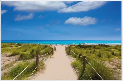 Produktbild von Wallario Wandbild Sandweg zum blauen Meer mit blauem Himmel, Größe: 61 x 91,50 cm, Poster mit weißem Aluminiumrahmen