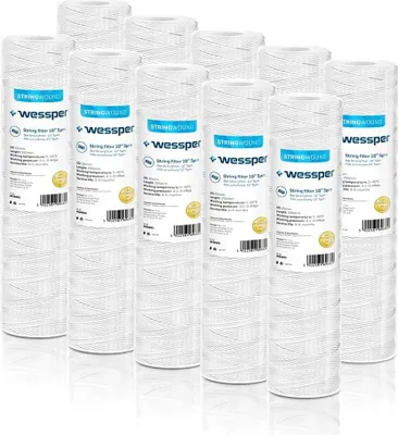 A group of ten white string wound filter cartridges are arranged in rows on a white background.