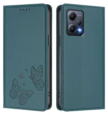 Obrázek produktu pro Kožené pouzdro pro Xiaomi Poco X5/Redmi Note 12 5G, motýlí ražbou, peněženkové flip pouzdro se stojánkem Zelená