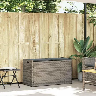 Zdjęcie produktu dla vidaXL Ławka zewnętrzna ze schowkiem i poduszkami Szara 100 cm