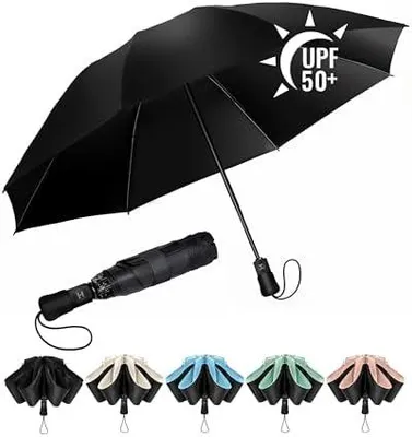 Produktbild von Regenschirm Groß Sturmfest Kompakter Reise für Damen und Herren– Automatik Auf und Zu Taschenschirm Tragbarer UV-Schirm, Taschenschirme Schwarz 210T Beschichtung 8 Rippen