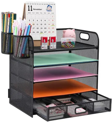 Image de Organiseur de bureau à 5 compartiments et tiroir, organiseur de bureau en filet avec poignée, trieur de documents A4 (2 porte-crayons)
