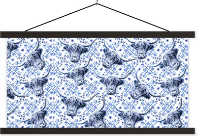 Produktbild von MuchoWow® Textilposter Kuh - Delfter Blau - Schottisches Hochlandrind 90x45 cm mit schwarzem Rahmen - Klemmleisten