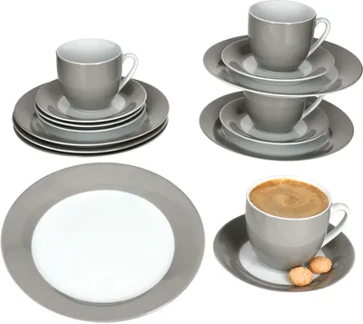 Produktbild von 18tlg Kaffeeservice Variant Grau Porzellan 6 Personen Tassen Untertassen Teller