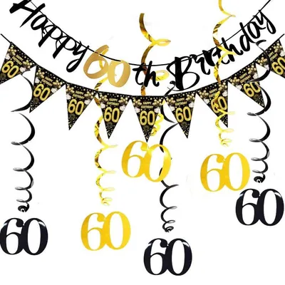 60. Geburtstag Deko Schwarz Gold Banner Wimpelkette Spiralen