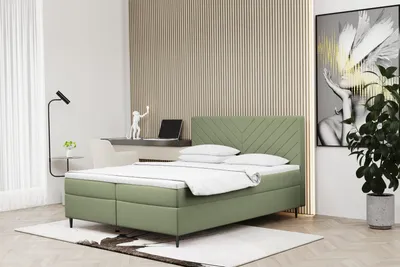 Image de Lit boxspring   180x200 avec coffre de rangement et matelas + surmatelas, lit de chambre RUGIA vert clair