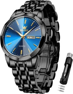 Image de Montre homme élégante en or et bleu, acier inoxydable, étanche, cadran lumineux avec design diamant, montre-bracelet à quartz d'affaires, cadeau idéal