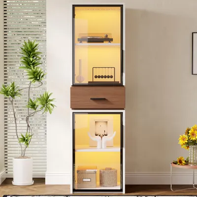 Image de Vitrine Merax avec éclairage LED, 2 portes vitrées, 1 tiroir, aspect noyer, armoire à vin, vitrine pour salon, bureau, salle à manger, blanc