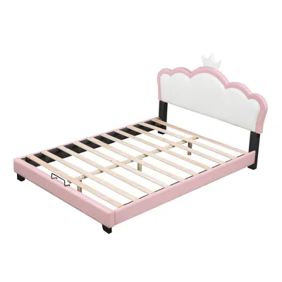 Produktbild von Kinderbett Polsterbett(140*200cm,Pink) mit Lattenrosten und Rückenlehne, Mädchenbett mit Kronenformung
