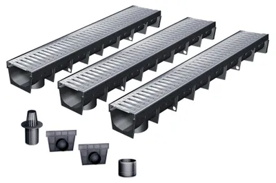 Produktbild von MEAPARK Entwässerungsrinne 3er-Set, 3 x 1 m, mit verzinktem Stahlrost und Zubehör, für Terrassen, Einfahrten, Gärten und Fußgängerzonen, A15