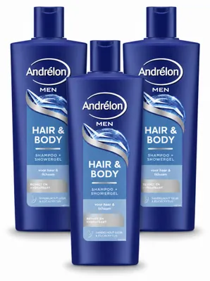 Imagen del producto de 3 champús Andrélon para hombres, para cabello y cuerpo – 400 ml – Paquete económico – 3 unidades