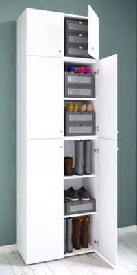 Produktbild von VCM Holz-Schuhschrank | Maße: H. 223 x B. 70 x T. 39 cm| Allzweckschrank | 5 Fächer | 4 Drehtüren | Aufsatz mit 2 Türen– Lona