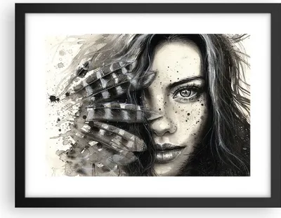 Produktbild von Gerahmtes Poster - Schwarzer Rahmen - Frau Federn Lippen Kunst. - 40x30 cm - Wand Bild - Wanddeko - Wandbilder - Wandposter - Bilderrahmen - Bilder - Kunstdruck - Wandbild - P2BAA40x30-2874