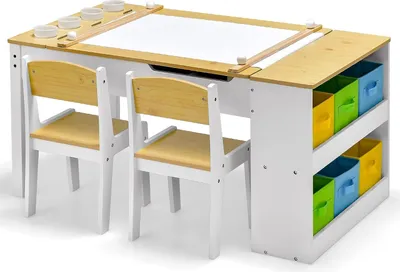 Produktbild von GOPLUS Kinderkunsttisch mit 2 Stuhl & seitliche offene Regal, Kindermöbel Set mit Stauraum & Maltisch, Kindersitzgruppe für Zeichnen & Schreiben