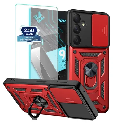 Produktbild von Armor Handyhülle für Samsung Galaxy A55 5G mit 9H Displayglas Displayschutz Kameraschutz Handy Panzer Case Cover Schutzhülle Outdoor Farbe: Rot