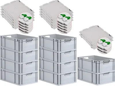 Produktbild von SuperSparSet 10x Eurobox NextGen Economy mit Scharnierdeckel und grünen Schiebeschnappverschlüssen | Griffe offen | HxBxT 22x40x60cm | 44 Liter | Eurobehälter, Transportbox, Transportbehälter, Stapelbehälter